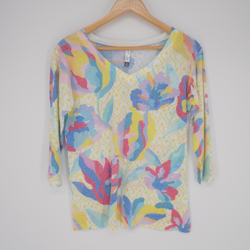 Whimsy Rose Floral V Neck Top Womens S Colorful Tri Blend Jersey 3/4 Sleeve USA